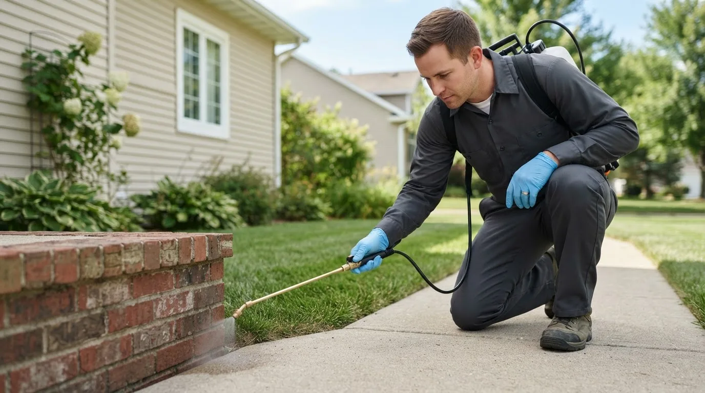 Pest control technician treating a home near Hyde Park, MA