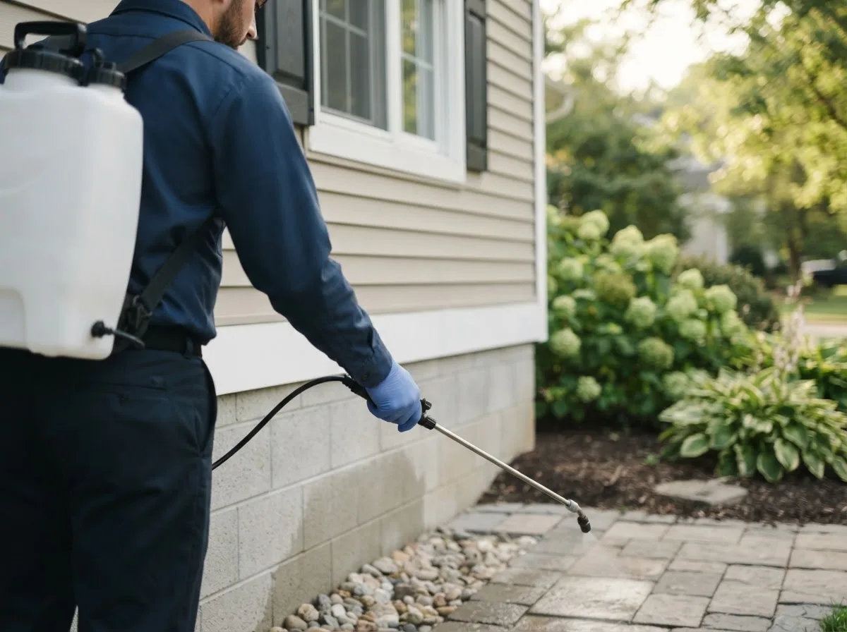 Pest control technician inspecting a home in Hyde Park, MA
